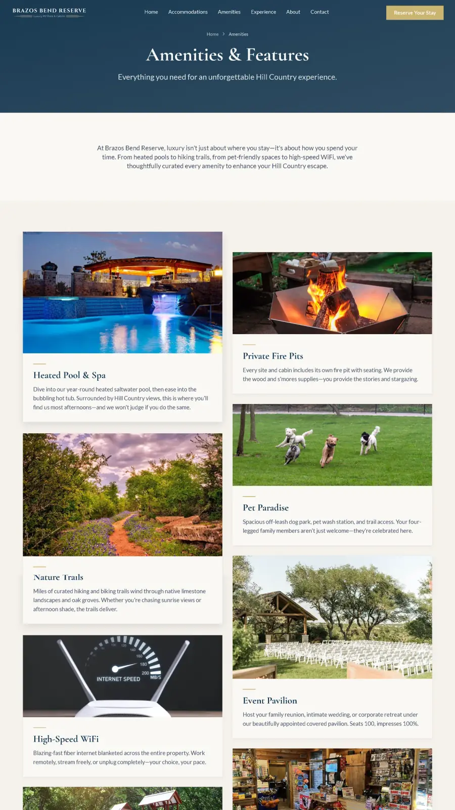 Brazos Bend Reserve amenities page concept, a Stravity Studio build