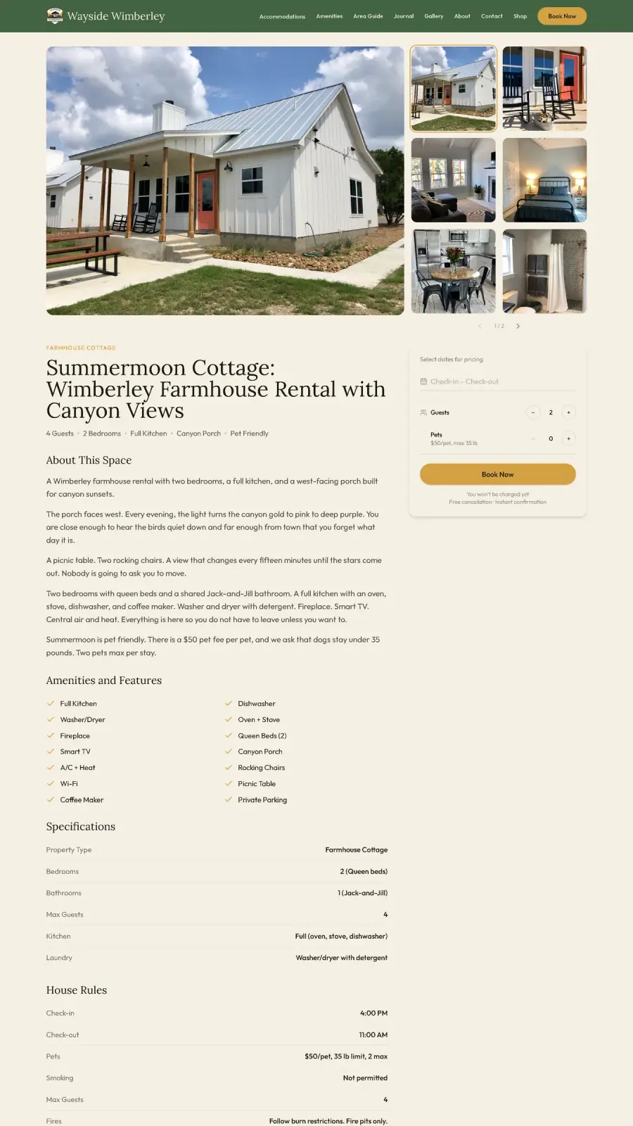 Wayside Wimberley Summermoon Cottage listing page, a Stravity Studio build